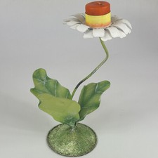 Vintage French Novelty Green Metal Toleware Daisy Flower Candlestick & Candle
