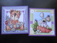 SALE === 2  x GARDENING TEDDY & BUNNY  Hand Made Card Toppers & Sentiments