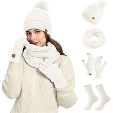 Womens Girls Thick Knit Hat Scarf and Touchscreen Gloves Socks Set Knitted Gift