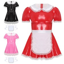 UK Men's French Maid Cosplay Uniform Shiny Latex Mini Dress & Apron Pajamas Set