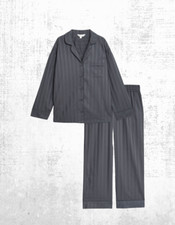 Ex M and S Women's Pyjama Set Auto Pure Cotton graph Sateen Striped in Charcoal