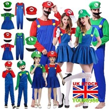 Mens Womens Adult Kids Super Mario Luigi Bros Cosplay Fancy Dress Outfit Costume