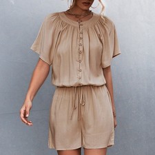 Apricot L Button Top Short Jumpsuit Lace Up One Piece Pants Casual Round Neck