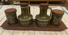Hornsea Pottery Heirloom Cruet Set – Green & Black – 1970s – Teak Tray CHIPPED 