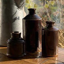 Vintage Rustic Stoneware Ink Bottles Mixed Old Fashioned Cottagecore Pots x 3