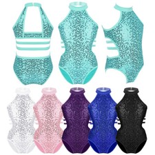 Kids Girls Sparkly Sequins Cutout Back Ballet Gymnastics Leotard Dance Costume