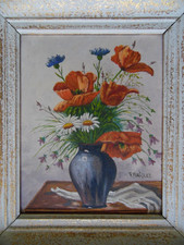 Still Life Flowers in Vase, Poppies, Daisies. Franz Hetzer Original Vintage Oil