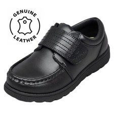 Boys Black Real Leather  Lightweight Touch Fastening Smart Kids School Shoes Sz