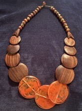 Wooden Tribal Flat Lay Crafted Necklace With Orange Resin Bead Discs