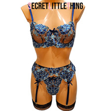 Blue Floral Lace Lingerie Set