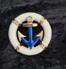 Enamel Anchor Brooch Sailing Ship Boat Nautical Vintage Art Deco Look Blue White
