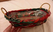 Straw Basket Red Green Gold w Handles for Flowers Gift Hamper   11. 5 ins - NEW