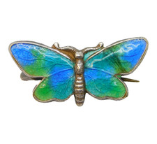 Edwardian Sterling Silver & Guilloche Enamel Small Butterfly Brooch Antique