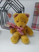 LIBERTY Vintage Golden Plush Fur Teddy Bear Fabric Bow 11" Soft Bean Filled Body