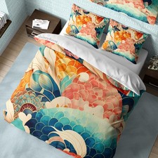 Colorful Fish Scale Quilt Cover Japanese Bedding Set, Cotton Duvet Cover Orienta