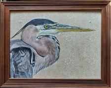 Original wildlife Grey Heron picture painting William Morris art Nouveau fabric 