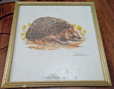 British Artist Joel Kirk Vintage Gold Frame Hedgehog in Grass Picture Approx 10"