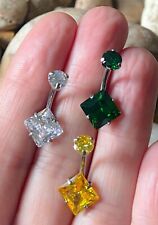 ASTM F136 Titanium Square/Round Prong Set Double Gem Cluster Navel Belly Bar 