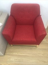 Designer red armchair, high back, Hitch Mylius, generous seat.