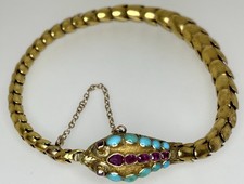 Antique Victorian 18ct Gold Ruby Turquoise Snake Bracelet Ouroboros 6 3/4" 17.4g