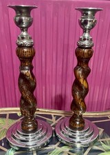 Pair Vintage Wood And Chrome Candlesticks