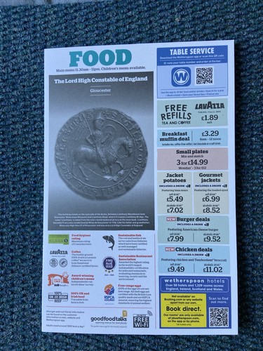 Wetherspoons food and - bar, menu