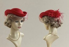 BHS Millinery Vintage 1960s Red Bumper Pillbox Hat Rear Ostrich Feather & Veil