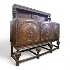 Antique bulbous carved oak bow front sideboard - buffet dresser - side cabinet