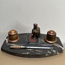 Antique Cold Painted Bronze Arabic Snake Charmer Rug  Ink Well Pen Rest Marble M