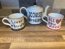 Moorland Pottery Scouser Ware Teapot 2 X Mugs Liverpool Liver Bird Scouse