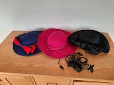 Vintage bundle of 3 rimmed hats,pink, black, blue/red wedding,races,1 fascinator