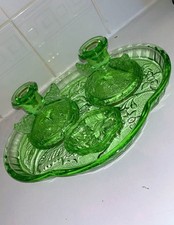 Vintage 1930’s Sowerby Butterfly Green Glass 5 Piece Dressing Table Vanity Set