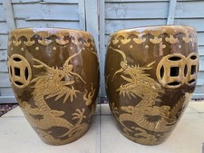 Matching Pair Vintage Porcelain Chinese Stools Chairs Authentic 20th Century