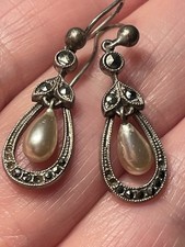 Vintage Sterling Silver Marcasite Drop Earrings