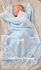 Baby Blue Spanish Knitted Ribbon Blanket Shawl Lace Edged