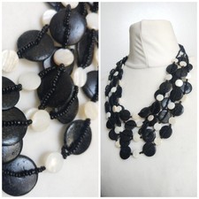 Black​ Flat Wooden Discs, White Mother Of Pearl Multi Strand Statement Necklace