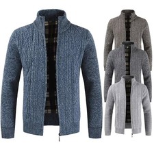 Mens Fleece Lined Cable Knitted Zip Up Cardigan Warm Winter Outerwear Jumper UK