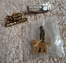 3x GUIDE DOGS ENAMEL PIN BADGES - Retro SPONSOR A PUPPY Gold & Silver Colours