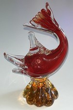 VINTAGE GLASS HAND BLOWN SOMMERSO RED & YELLOW FISH 11" FIGURINE ORNAMENT