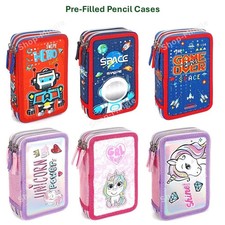 Kids Character Pencil Case 3 Layer Multi-Compartment Filled Zip Pencil Case