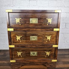 Military Campaign Inlaid Chest Of Drawers - Bedside Cabinet - Free UK P&P 🚛