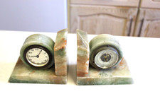 Vintage Green Onyx Bookends with Clock and Barometer (5244)