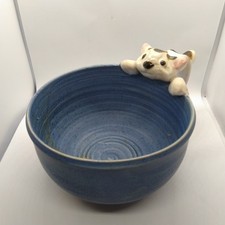 Hand Made Pottery Mug Blue Mix Cat Handle Tabby Kitten Finland Terhi Michelsson