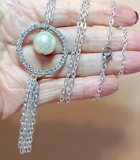 "YW11" new ooak silver tone diamante ring aux pearl tasselled pendant necklace