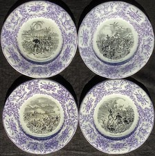 Set of 4 Rare Antique French Porcelaine Opaque Purple Illustrated Side Plates