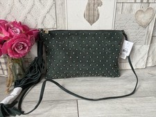 Topshop Green Suede Leather Crossbody Bag Clutch Gold Studs