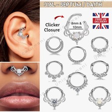 Daith Septum Earrings Nose Ring 8mm 10mm Piercing Clicker Hoop Hinged Closure UK