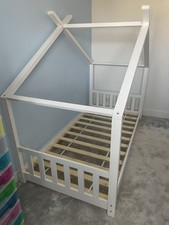 3ft Single Pine Wood House Bed Frame Children Kids Sleeper Canopy Bed Base White