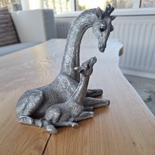 Giraffe Mother & Baby Silver Ornament Figurine Sculpture Statue - used- 17cm