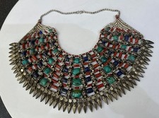 Vtg Rajasthan India Sterling Silver Fringe Collar Necklace Cleopatra Gemstone